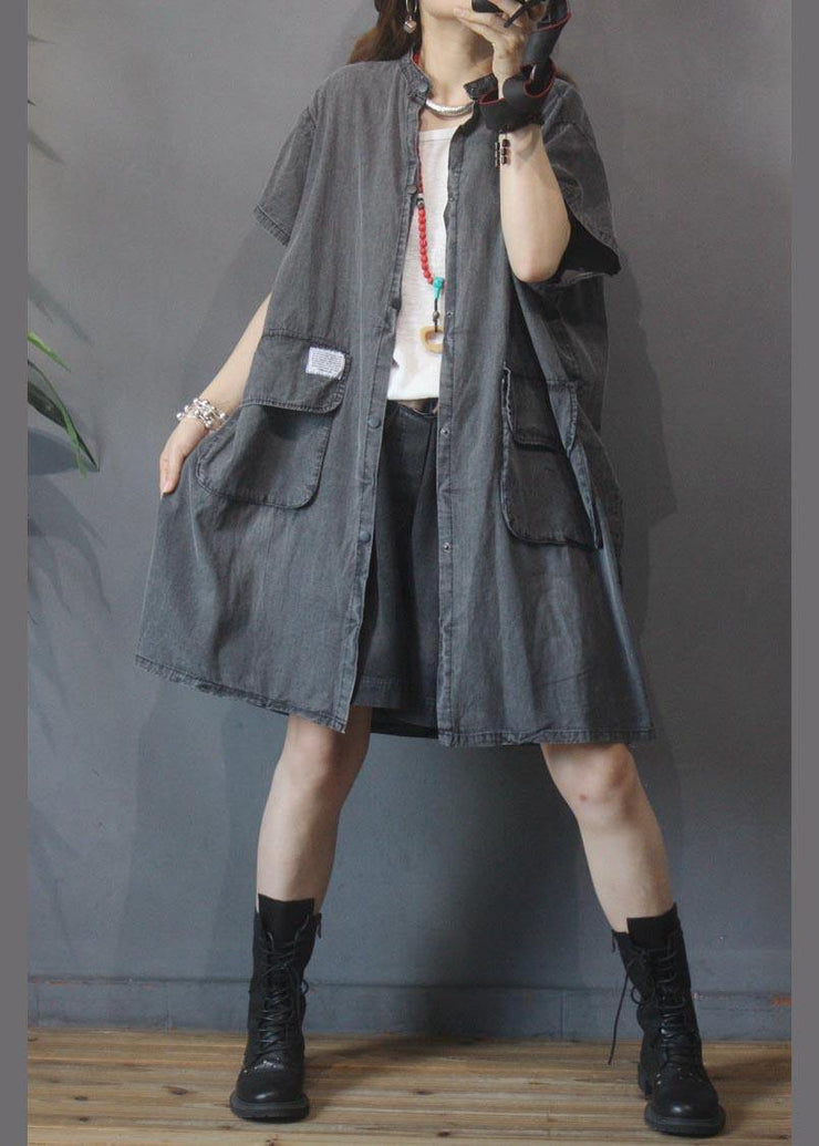 Vintage Large Pocket Grey Denim Dress - SooLinen