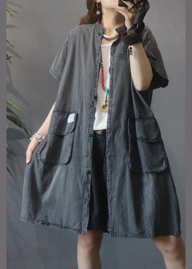 Vintage Large Pocket Grey Denim Dress - SooLinen