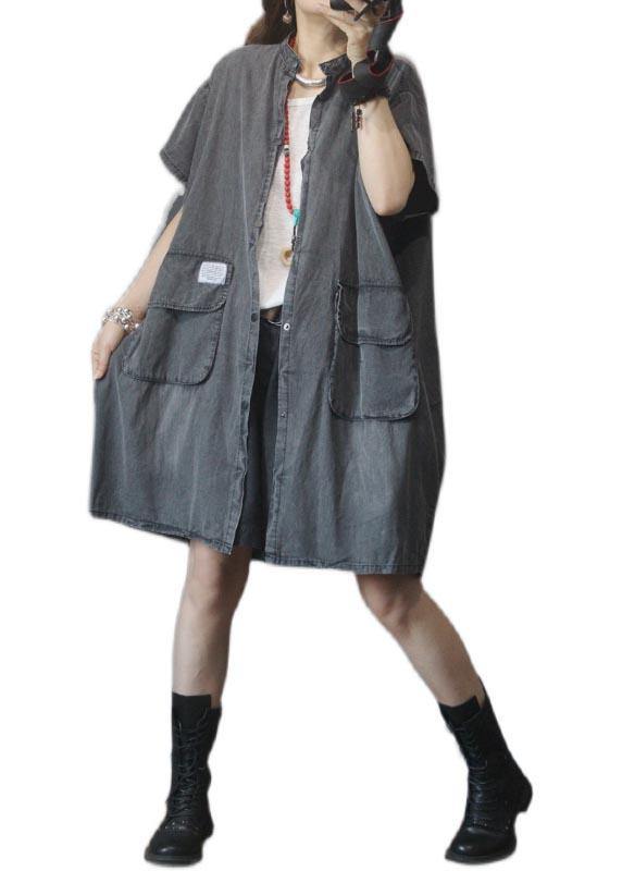 Vintage Large Pocket Grey Denim Dress - SooLinen