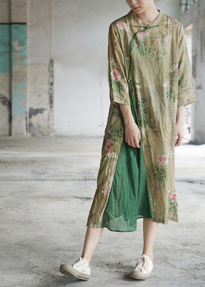 Vintage Light Green Mandarin Collar Print Patchwork Linen Dress Three Quarter sleeve