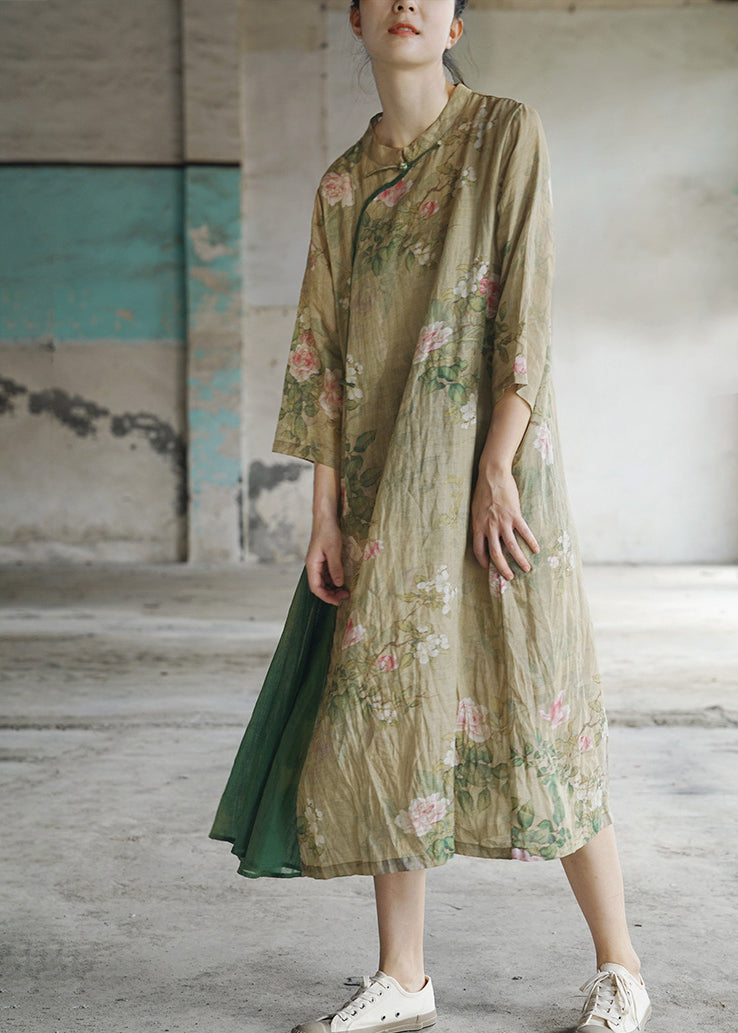 Vintage Light Green Mandarin Collar Print Patchwork Linen Dress Three Quarter sleeve