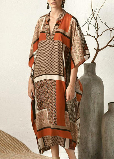 Vintage Orange Chocolate Print Half Sleeve kimono Robe Summer Chiffon Dress - SooLinen