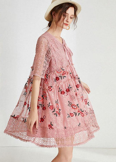 Vintage Pink Hollow Out Embroideried Summer Mid Dress Half Sleeve - SooLinen