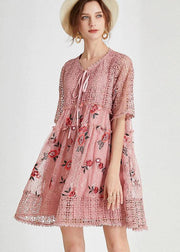 Vintage Pink Hollow Out Embroideried Summer Mid Dress Half Sleeve - SooLinen
