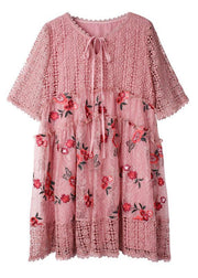 Vintage Pink Hollow Out Embroideried Summer Mid Dress Half Sleeve - SooLinen