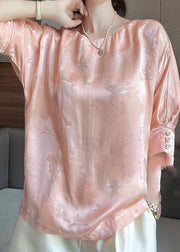 Vintage Pink O-Neck Jacquard Button Silk Blouse Tops Half Sleeve