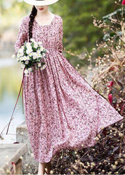 Vintage Pink Purple Print Cinched Cotton Pockets Summer Long Dresses - SooLinen