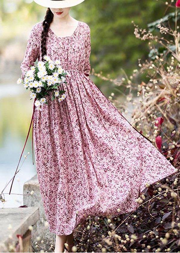 Vintage Pink Purple Print Cinched Cotton Pockets Summer Long Dresses - SooLinen