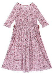 Vintage Pink Purple Print Cinched Cotton Pockets Summer Long Dresses - SooLinen