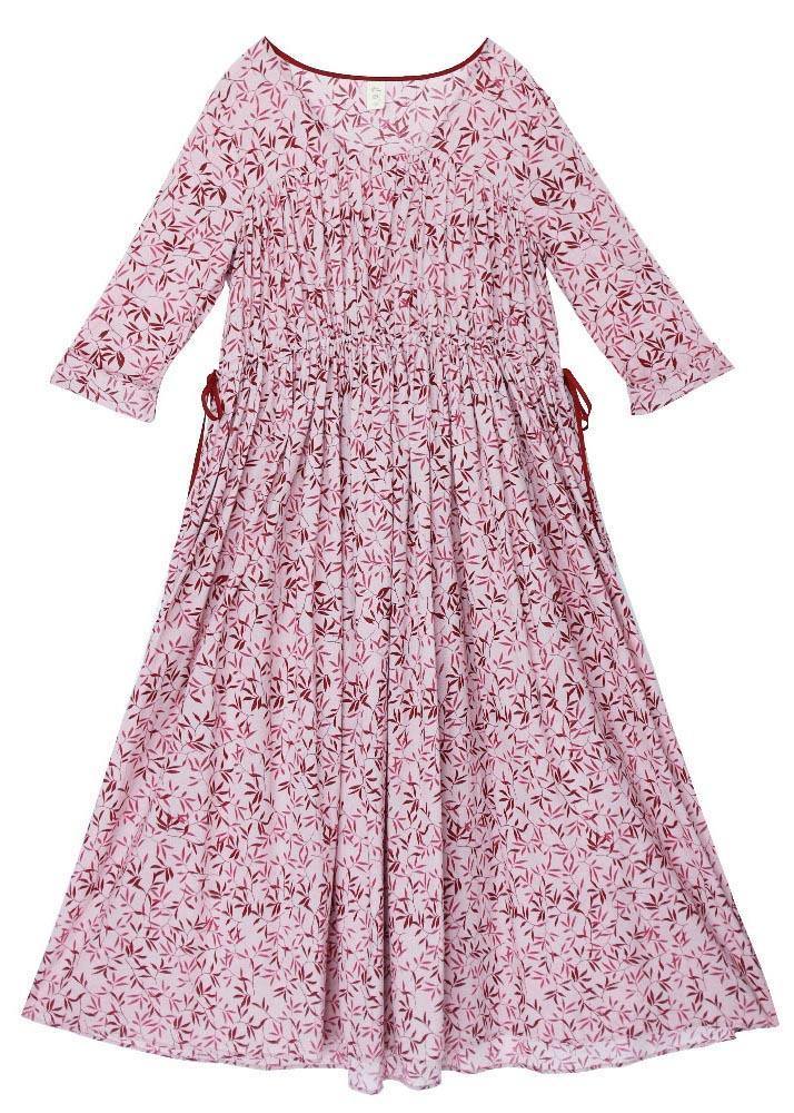 Vintage Pink Purple Print Cinched Cotton Pockets Summer Long Dresses - SooLinen