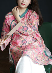 Vintage Pink button Stand Collar side open print Linen Tops Long Sleeve