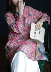 Vintage Pink button Stand Collar side open print Linen Tops Long Sleeve