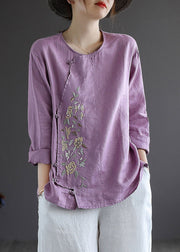 Vintage Purple Button O-Neck Linen Tops Long Sleeve