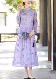 Vintage Purple Mandarin Collar Print Linen Two Pieces Set Summer
