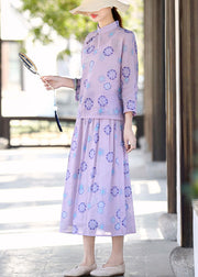 Vintage Purple Mandarin Collar Print Linen Two Pieces Set Summer
