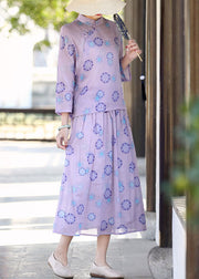 Vintage Purple Mandarin Collar Print Linen Two Pieces Set Summer