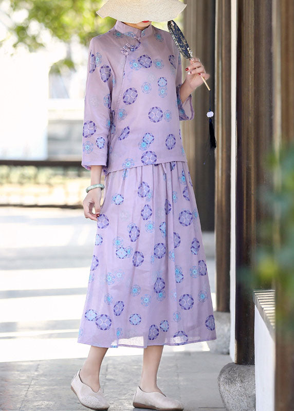 Vintage Purple Mandarin Collar Print Linen Two Pieces Set Summer