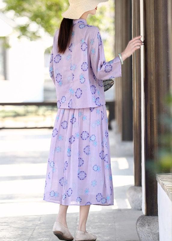 Vintage Purple Mandarin Collar Print Linen Two Pieces Set Summer