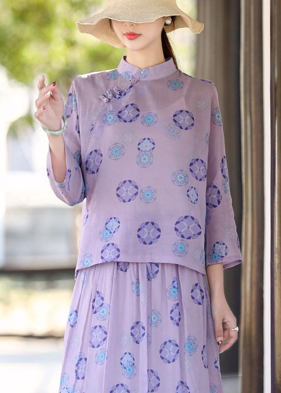 Vintage Purple Mandarin Collar Print Linen Two Pieces Set Summer