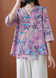 Vintage Purple V Neck Button Print Blouse Tops Half Sleeve