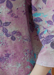 Vintage Purple V Neck Button Print Blouse Tops Half Sleeve