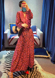 Vintage Red Ruffles V Neck Cinched Print Chiffon long Dress Spring