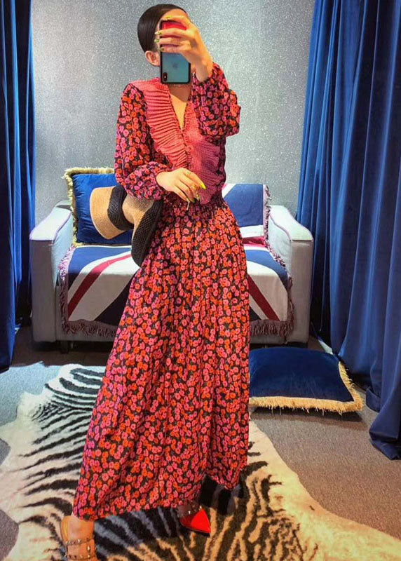 Vintage Red Ruffles V Neck Cinched Print Chiffon long Dress Spring