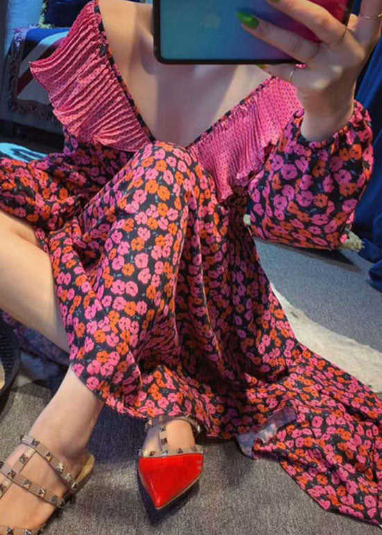 Vintage Red Ruffles V Neck Cinched Print Chiffon long Dress Spring