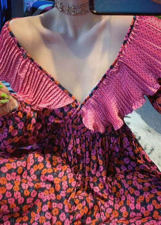 Vintage Red Ruffles V Neck Cinched Print Chiffon long Dress Spring