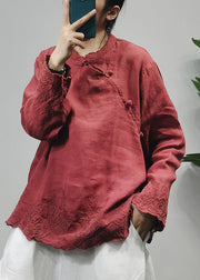 Vintage Red Stand Collar Linen Blouse Tops Long Sleeve