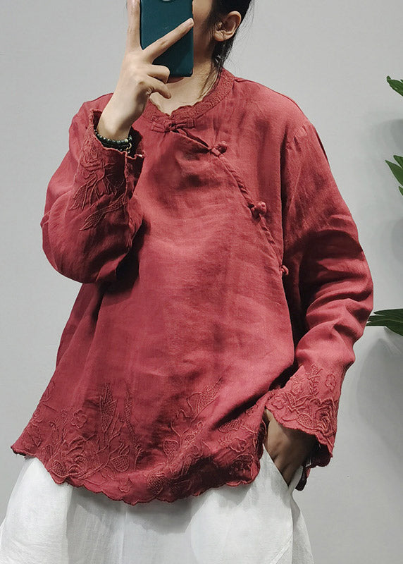 Vintage Red Stand Collar Linen Blouse Tops Long Sleeve