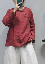 Vintage Red Stand Collar Linen Blouse Tops Long Sleeve
