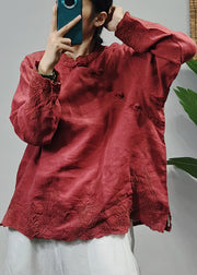 Vintage Red Stand Collar Linen Blouse Tops Long Sleeve