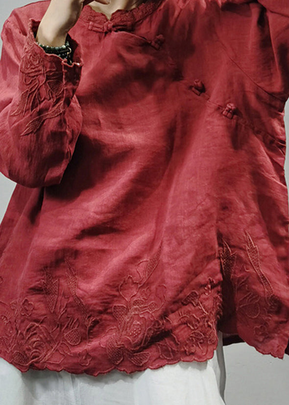 Vintage Red Stand Collar Linen Blouse Tops Long Sleeve