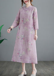 Vintage Stand Collar Button Print Linen Cheongsam Dress Three Quarter sleeve