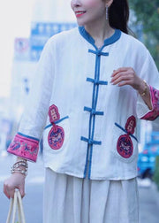 Vintage White Embroideried Linen Tops Long Sleeve