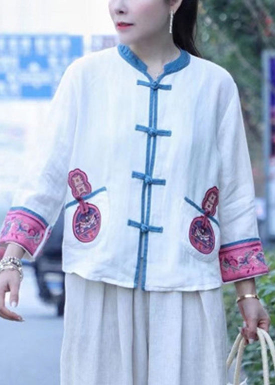 Vintage White Embroideried Linen Tops Long Sleeve