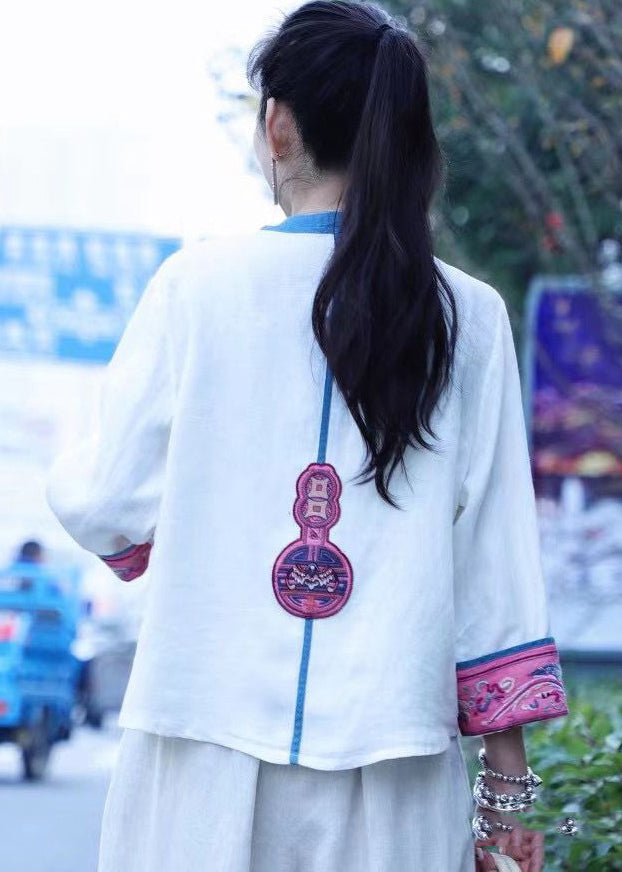 Vintage White Embroideried Linen Tops Long Sleeve