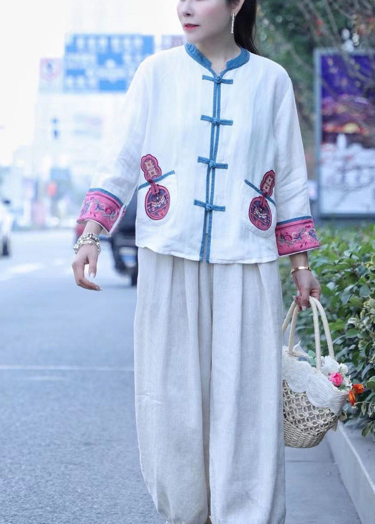 Vintage White Embroideried Linen Tops Long Sleeve