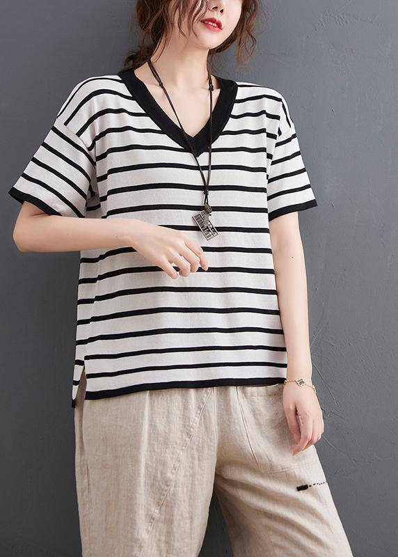 Vintage White Striped Cotton Linen Tops Summer - SooLinen