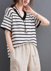 Vintage White Striped Cotton Linen Tops Summer - SooLinen