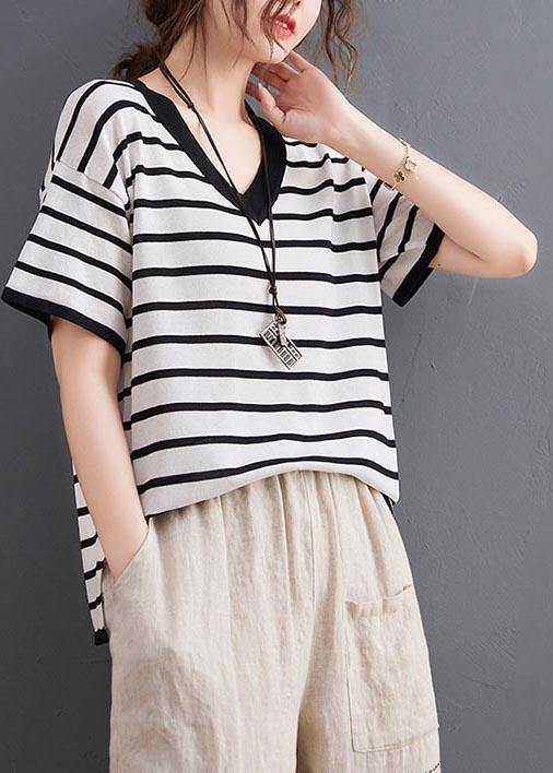 Vintage White Striped Cotton Linen Tops Summer - SooLinen