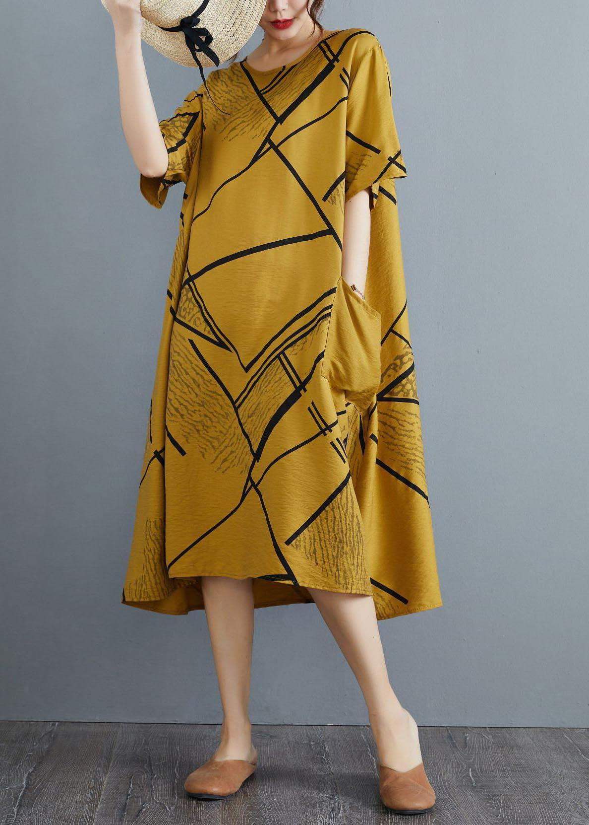 Vintage Yellow Print Pockets Cotton Linen Long Summer Dress - SooLinen