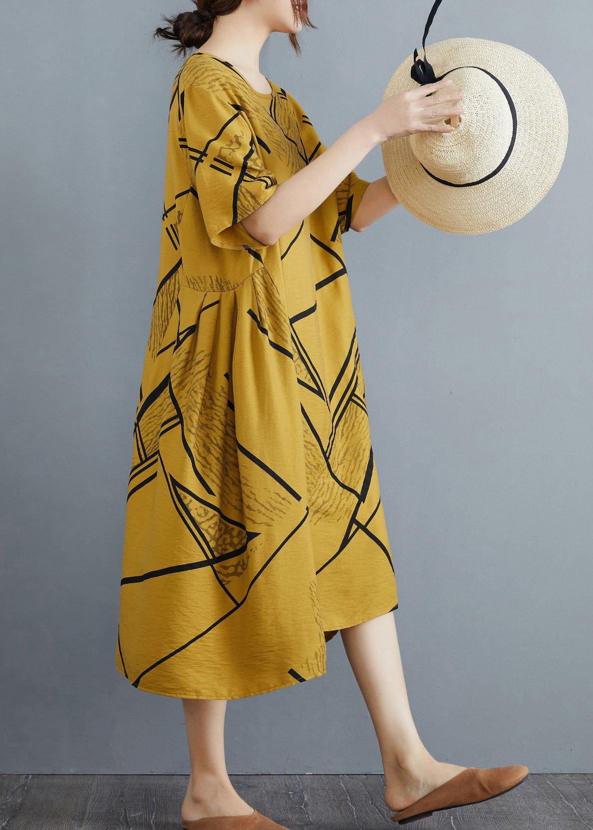 Vintage Yellow Print Pockets Cotton Linen Long Summer Dress - SooLinen