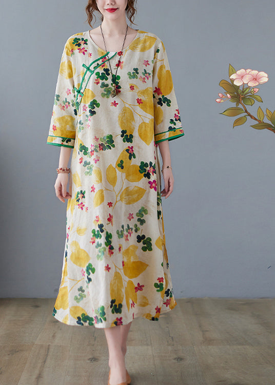 Vintage Yellow Side Open O-Neck Print Cotton Loose Dress Three Quarter sleeve