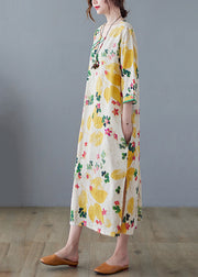 Vintage Yellow Side Open O-Neck Print Cotton Loose Dress Three Quarter sleeve