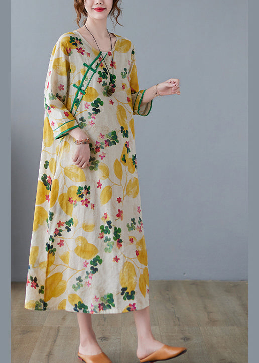 Vintage Yellow Side Open O-Neck Print Cotton Loose Dress Three Quarter sleeve