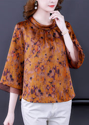 Vintage Yellow Stand Collar Zippered Print 2025 Silk Shirts Bracelet Sleeve