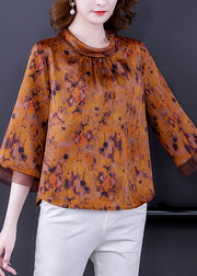 Vintage Yellow Stand Collar Zippered Print 2025 Silk Shirts Bracelet Sleeve
