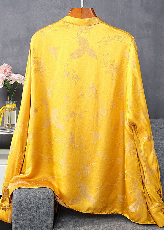 Vintage Yellow Stand Collar button Jacquard Silk tops Spring